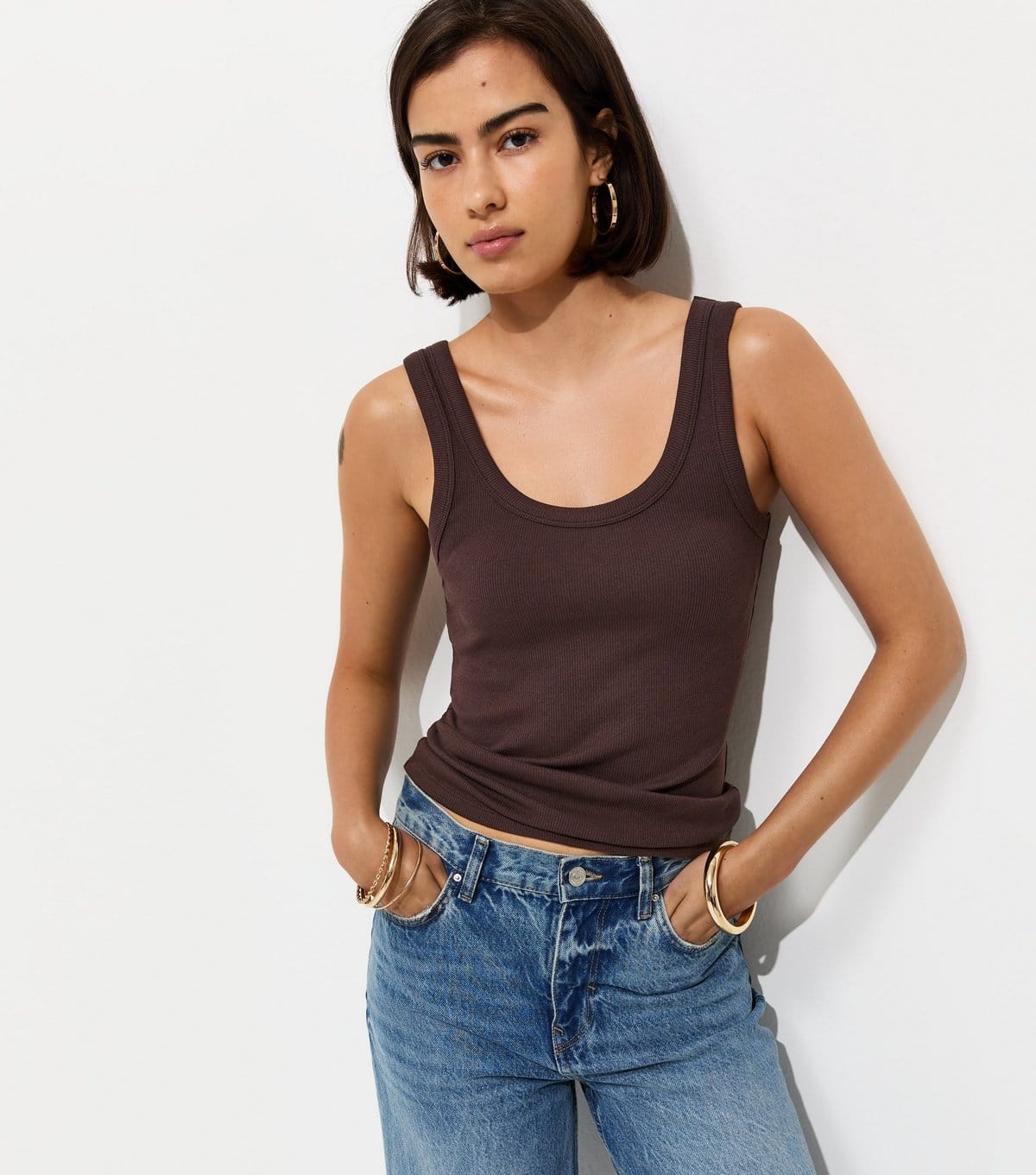 New Look Women's Dark Brown Cotton Rich Scoop Neck Vest Top New Look - 1