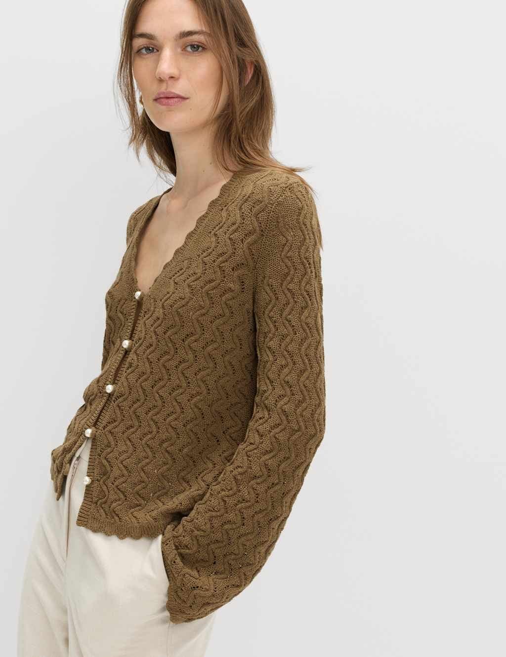 Marks & Spencer M&S Cotton Rich Pearl Detail Scallop Edge Cardigan Olive