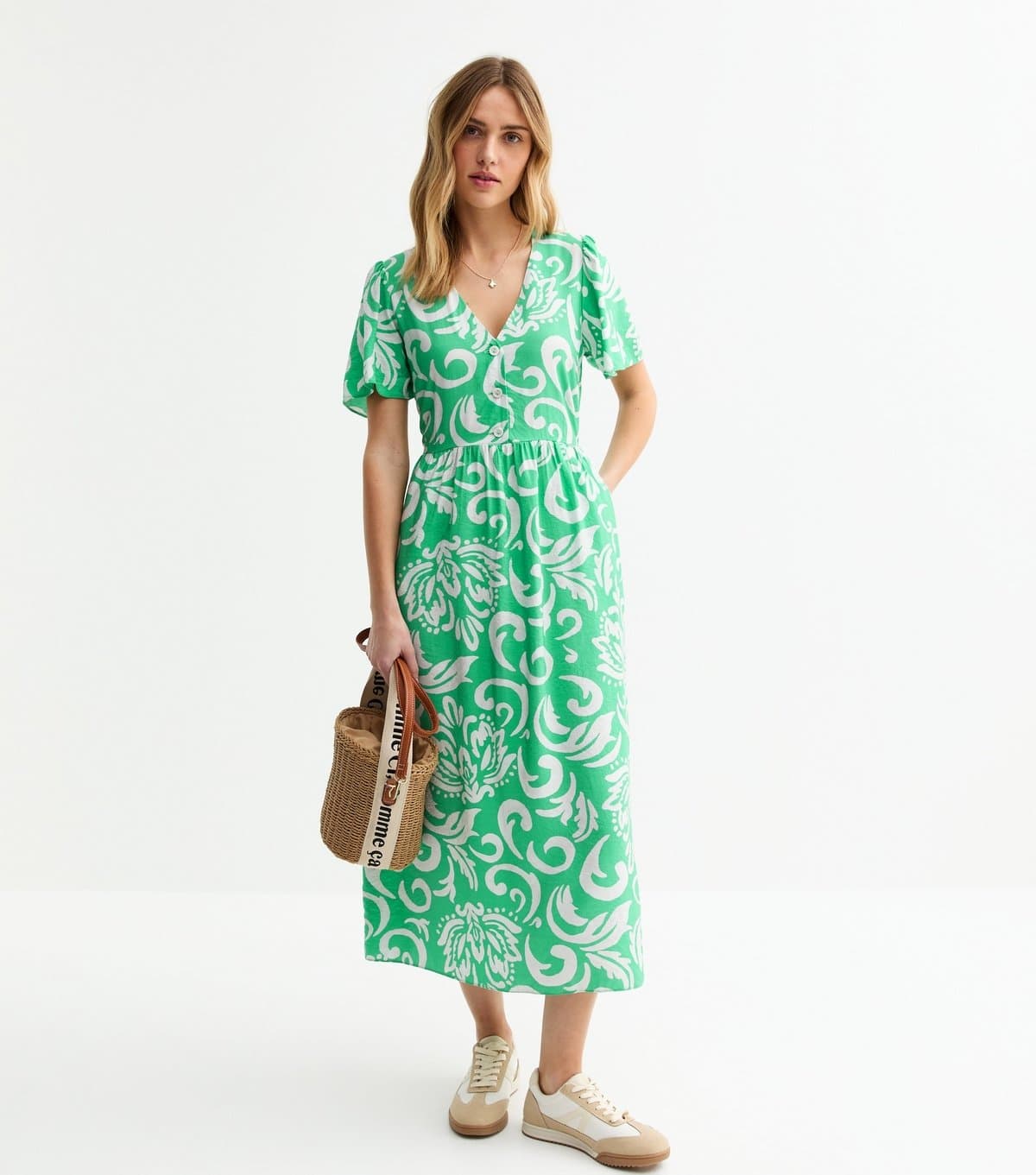 New Look Women's Green Pattern Print Buttoned Midi Dress New Look