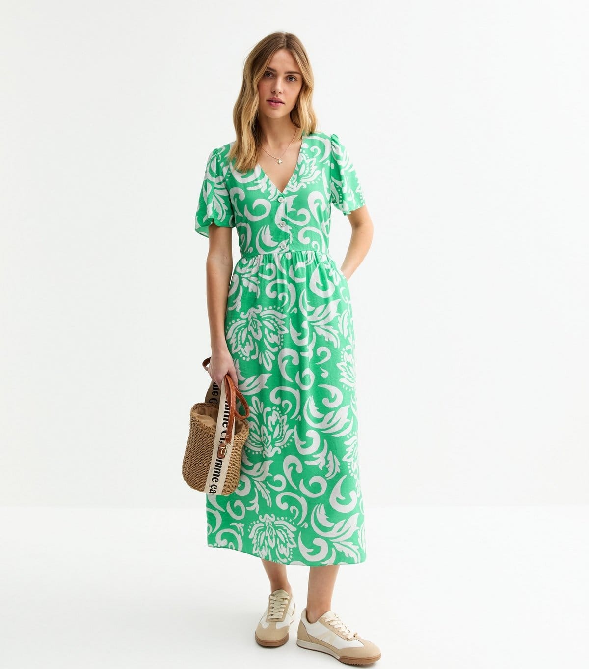 New Look Green Pattern Print Buttoned Midi Dress