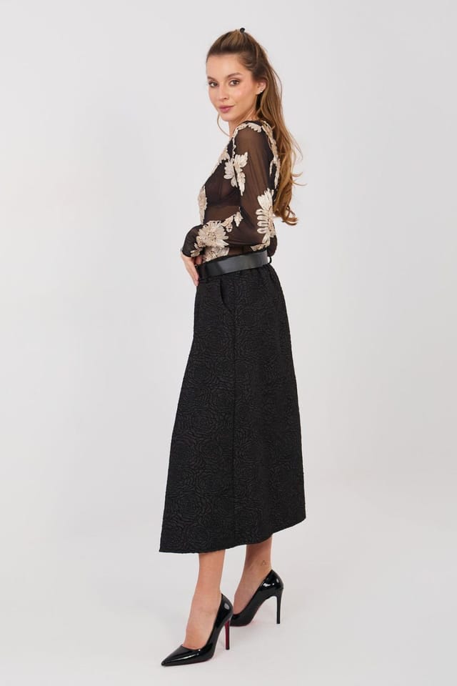 Love Lace Love Lace Women's Flared Midi Skirt With Front Pleats Pockets in Black - 2