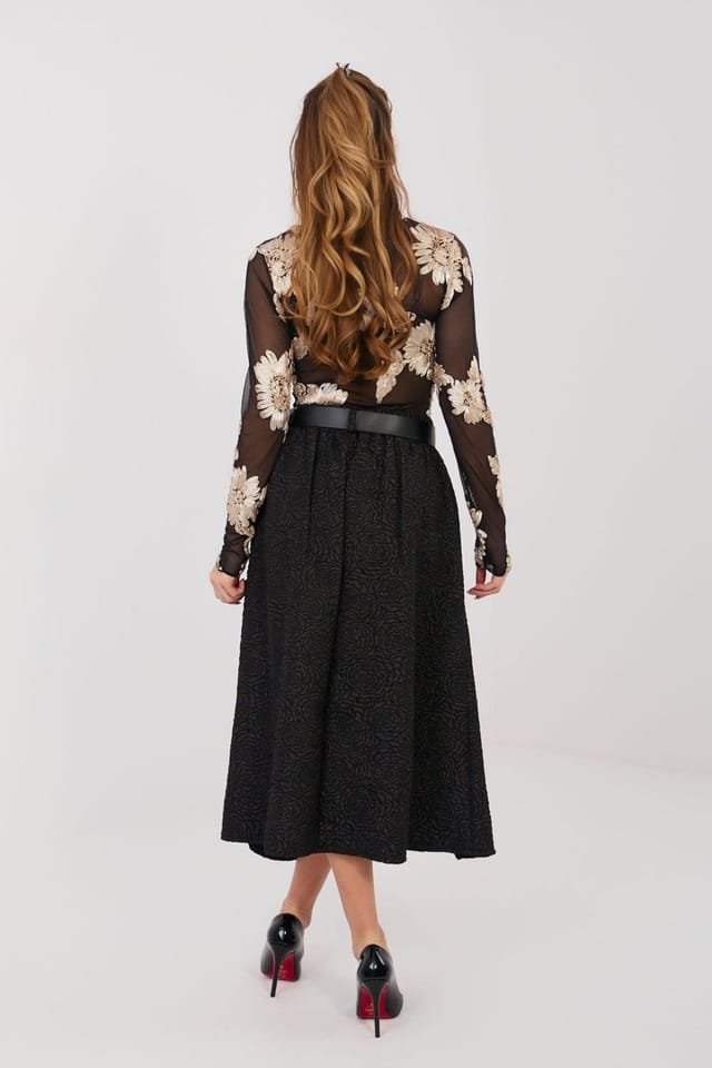 Love Lace Love Lace Women's Flared Midi Skirt With Front Pleats Pockets in Black - 3