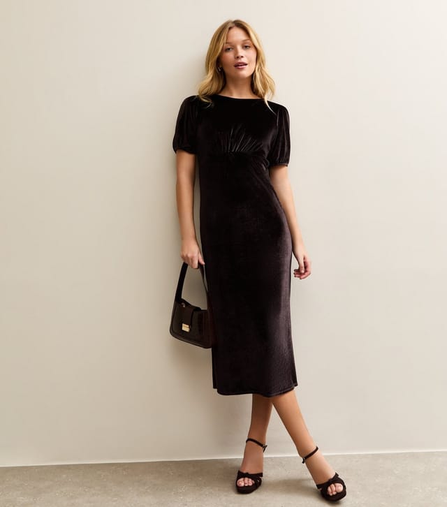 New Look Women's Dark Brown Velvet Puff Sleeve Midi Dress New Look - 3