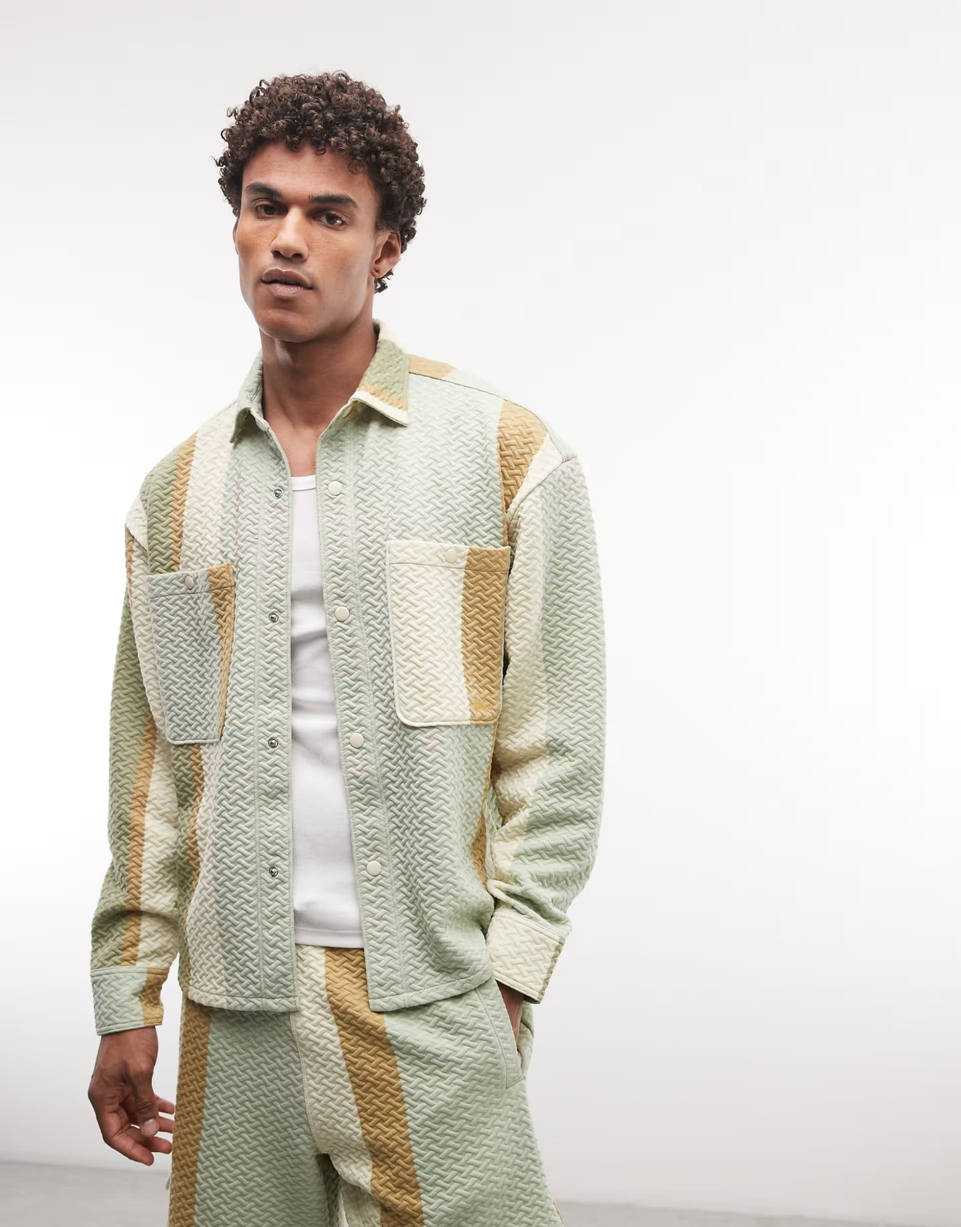 ASOS BLKVIS striped quilted overshirt co-ord in green multi