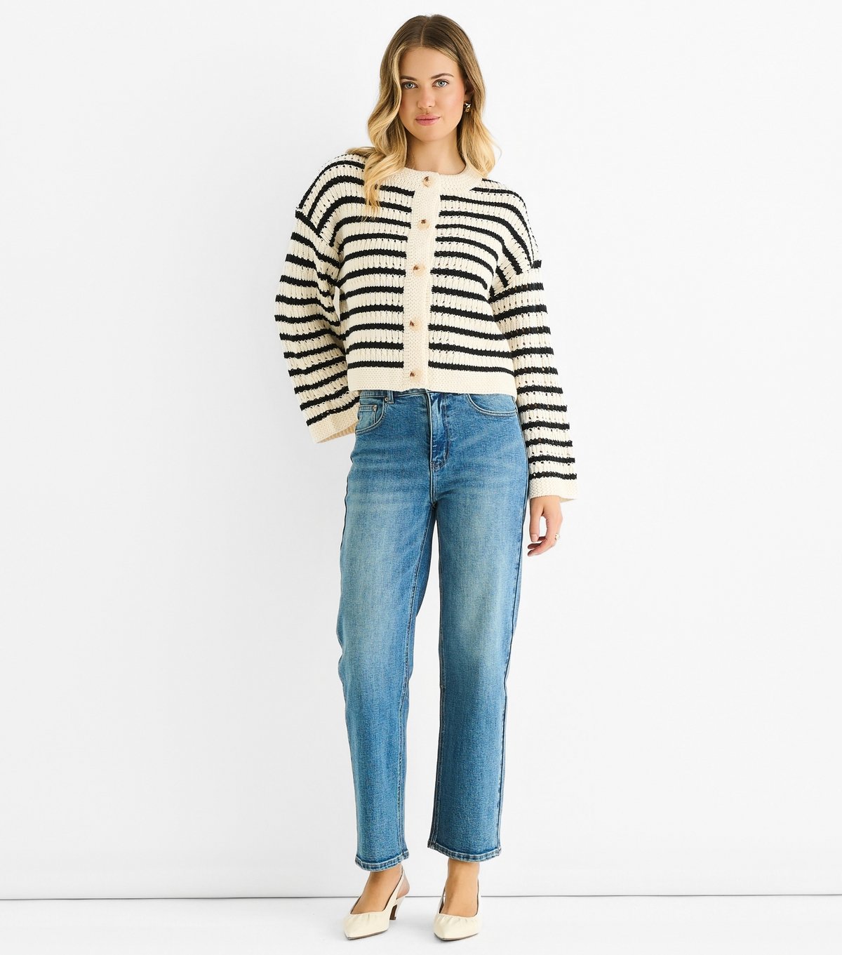 Gini London Women's Cream Striped Textured Cardigan Gini London New Look - 2