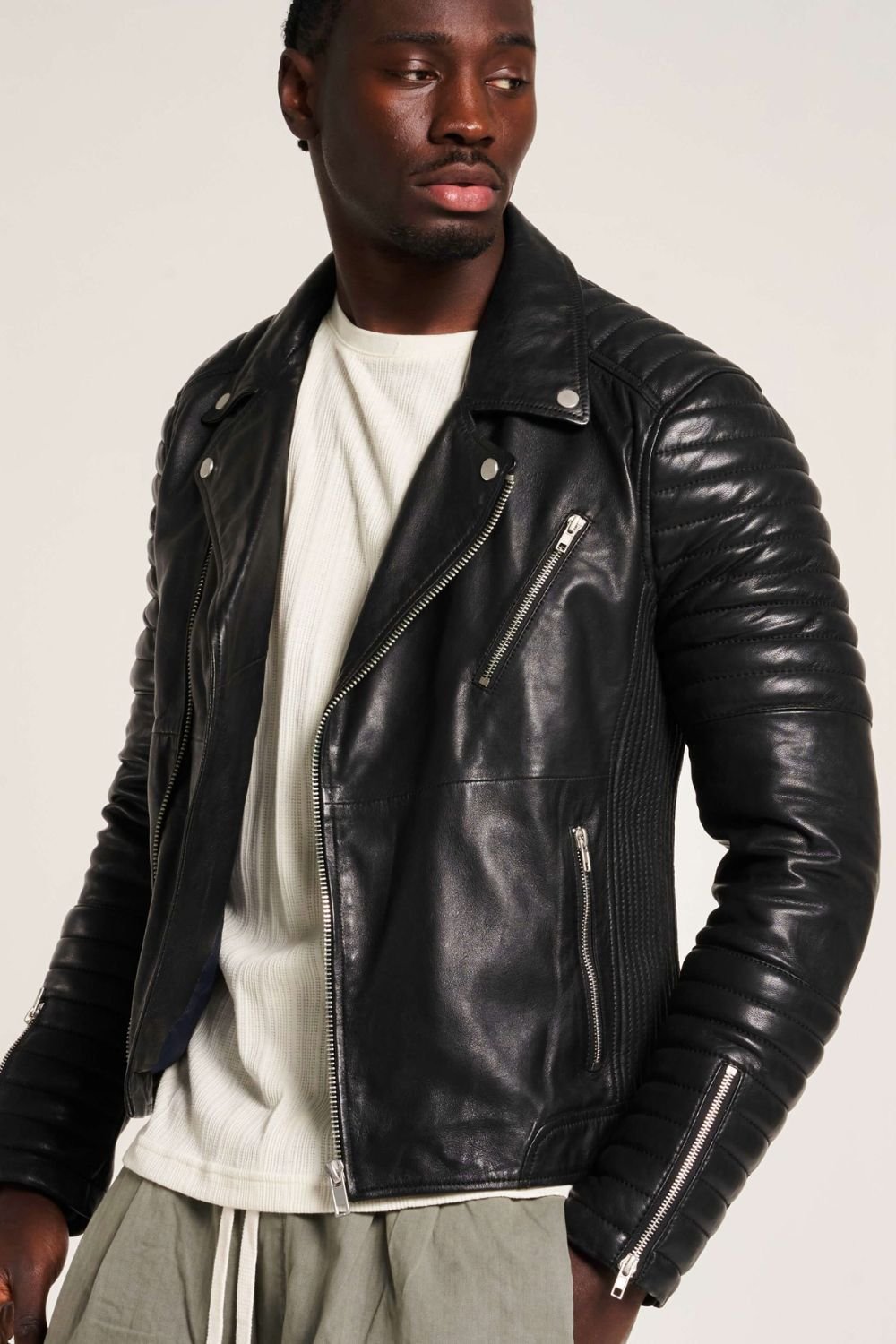 Barneys Originals Barneys Originals Men's Real leather Biker with Ribbed Sleeves in Black - 3