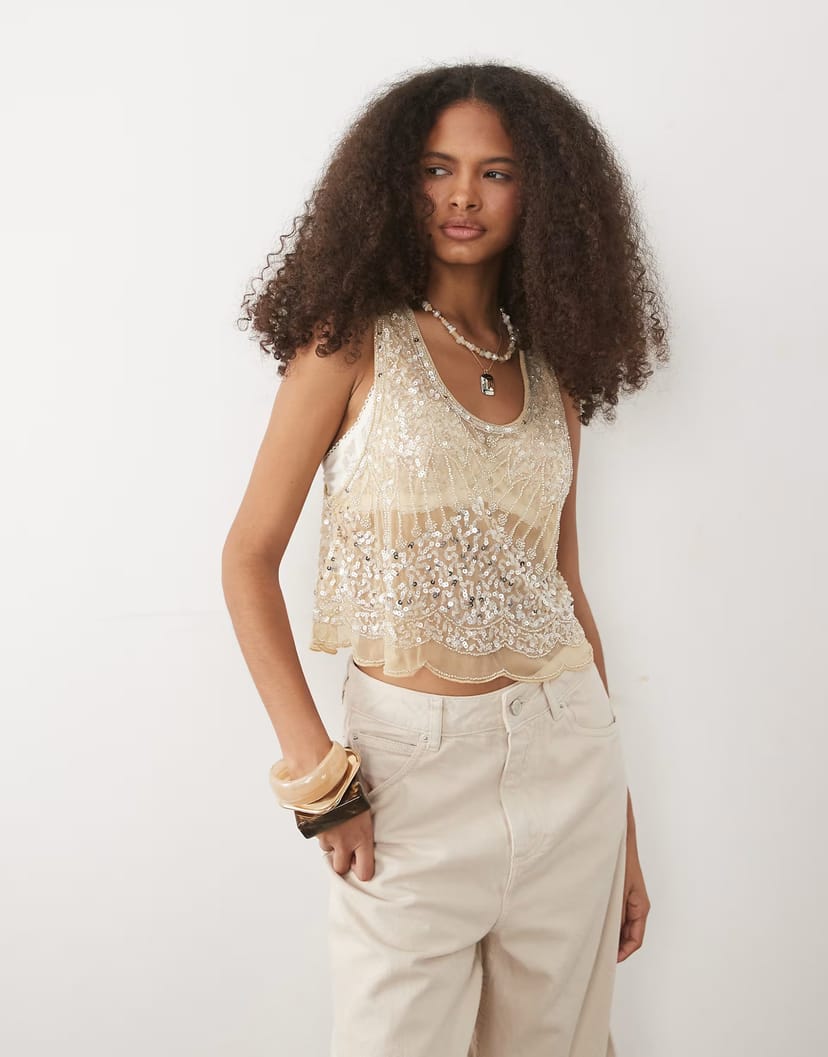 ASOS Miss Selfridge premium embellished cami top in gold - 1