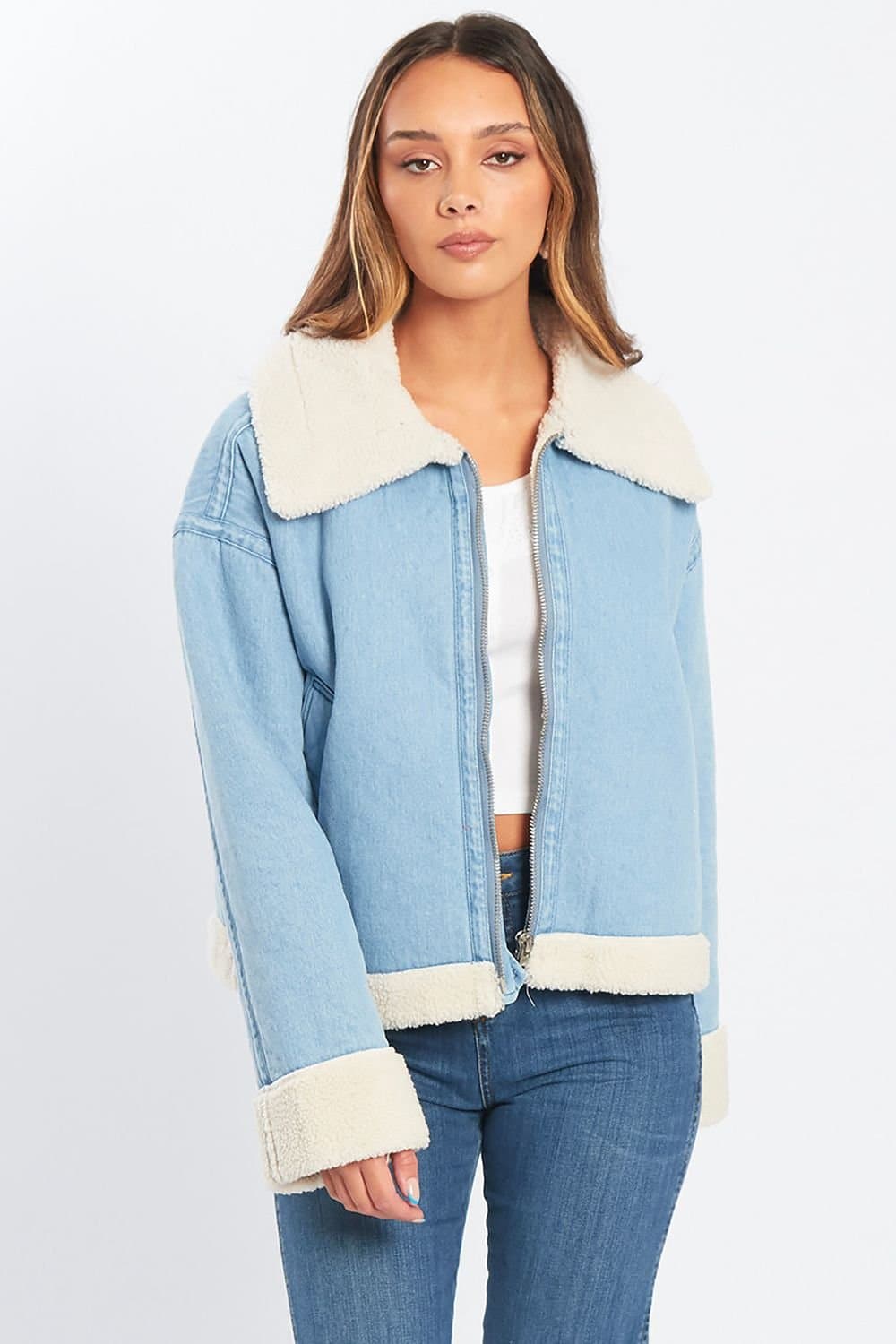 Influence Influence Women's Denim-Style Borg Zip Aviator Jacket in Blue