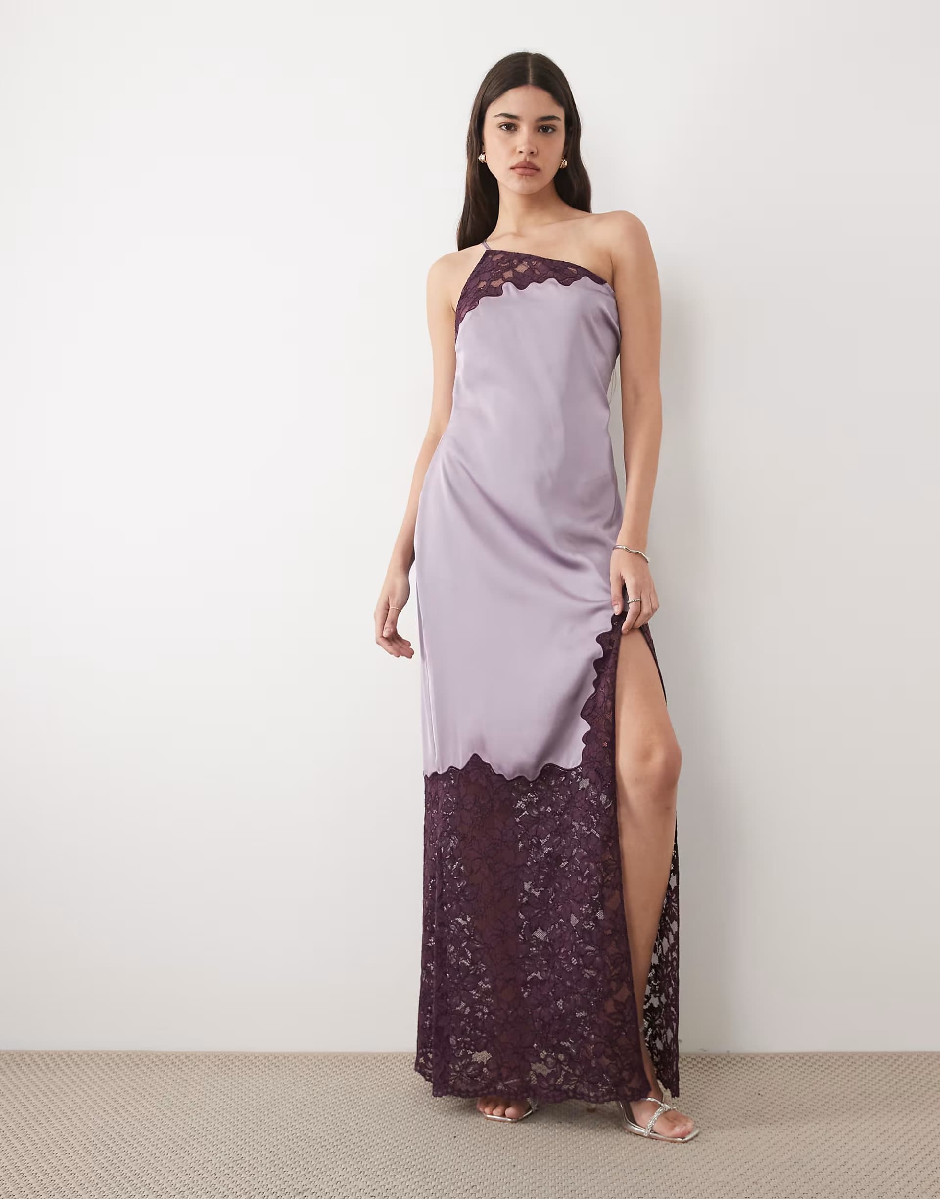 ASOS Six Stories one shoulder thigh split satin and lace mix maxi dress in orchid purple