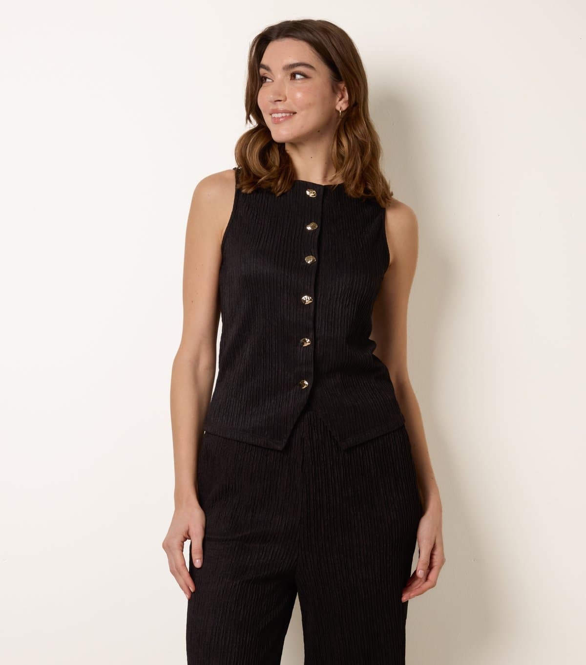 Blue Vanilla Women's Black Ribbed Abstract Button Waistcoat Blue Vanilla New Look