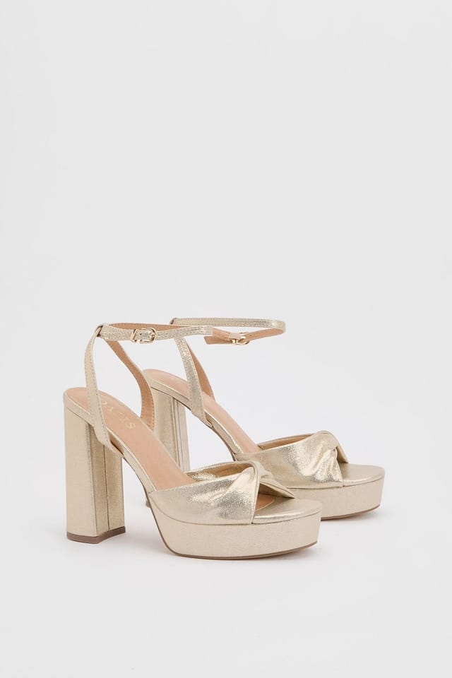 Oasis Oasis Women's Amelia Metallic Textile Twist Front High Block Heel Platform Sandals in Gold - 3