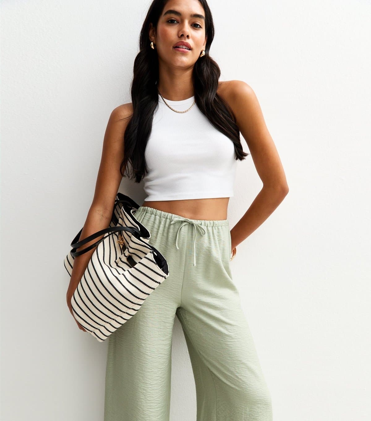 New Look Women's Light Green Crinkle Texture Wide Leg Trousers New Look