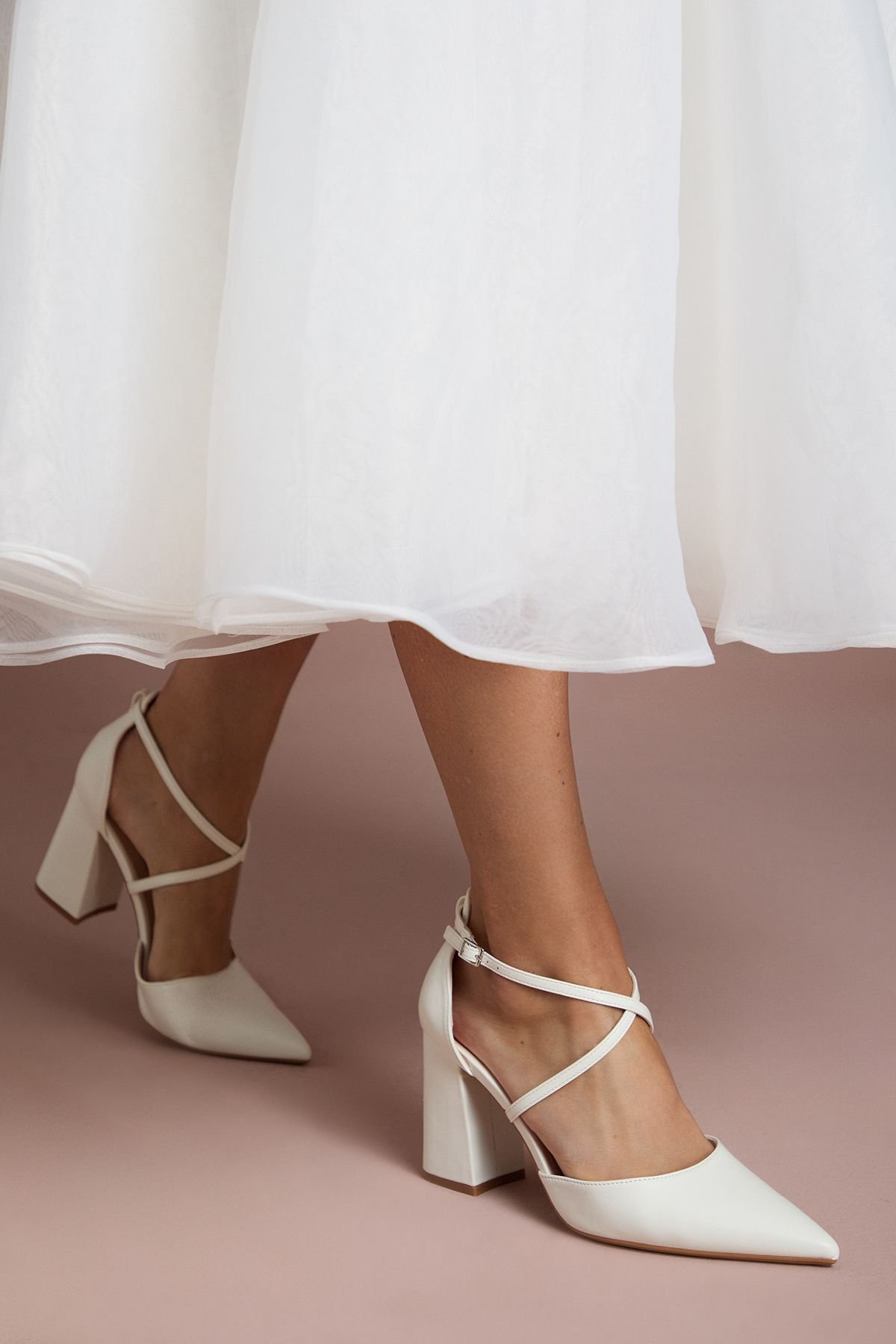 Coast Coast Women's Treat Faux Leather Cross Strap Pointed Block Heel Court Shoes in White - 3