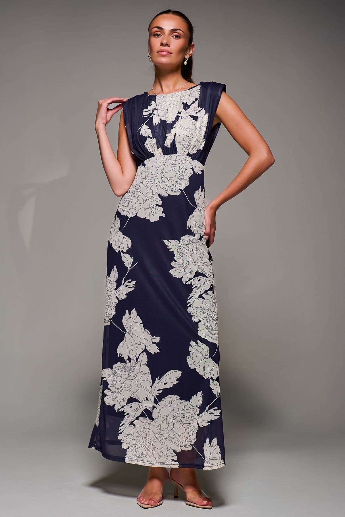 Jolie Moi Jolie Moi Women's Slash Neck Fit & Flare Mesh Maxi Dress in Navy