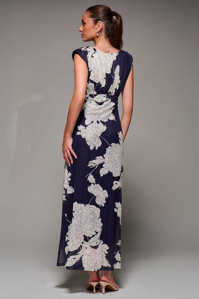 Jolie Moi Jolie Moi Women's Slash Neck Fit & Flare Mesh Maxi Dress in Navy - 2
