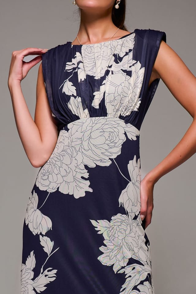 Jolie Moi Jolie Moi Women's Slash Neck Fit & Flare Mesh Maxi Dress in Navy - 3
