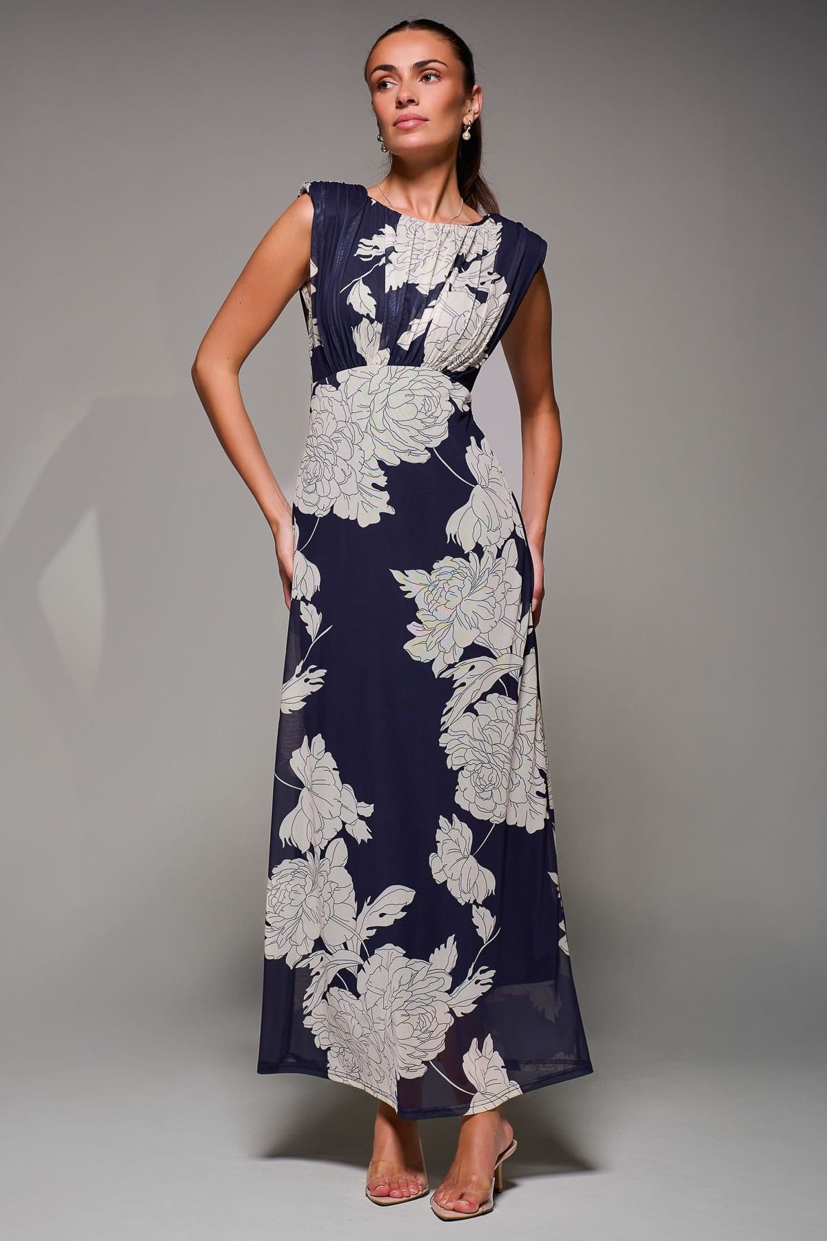 Jolie Moi Jolie Moi Women's Slash Neck Fit & Flare Mesh Maxi Dress in Navy - 4