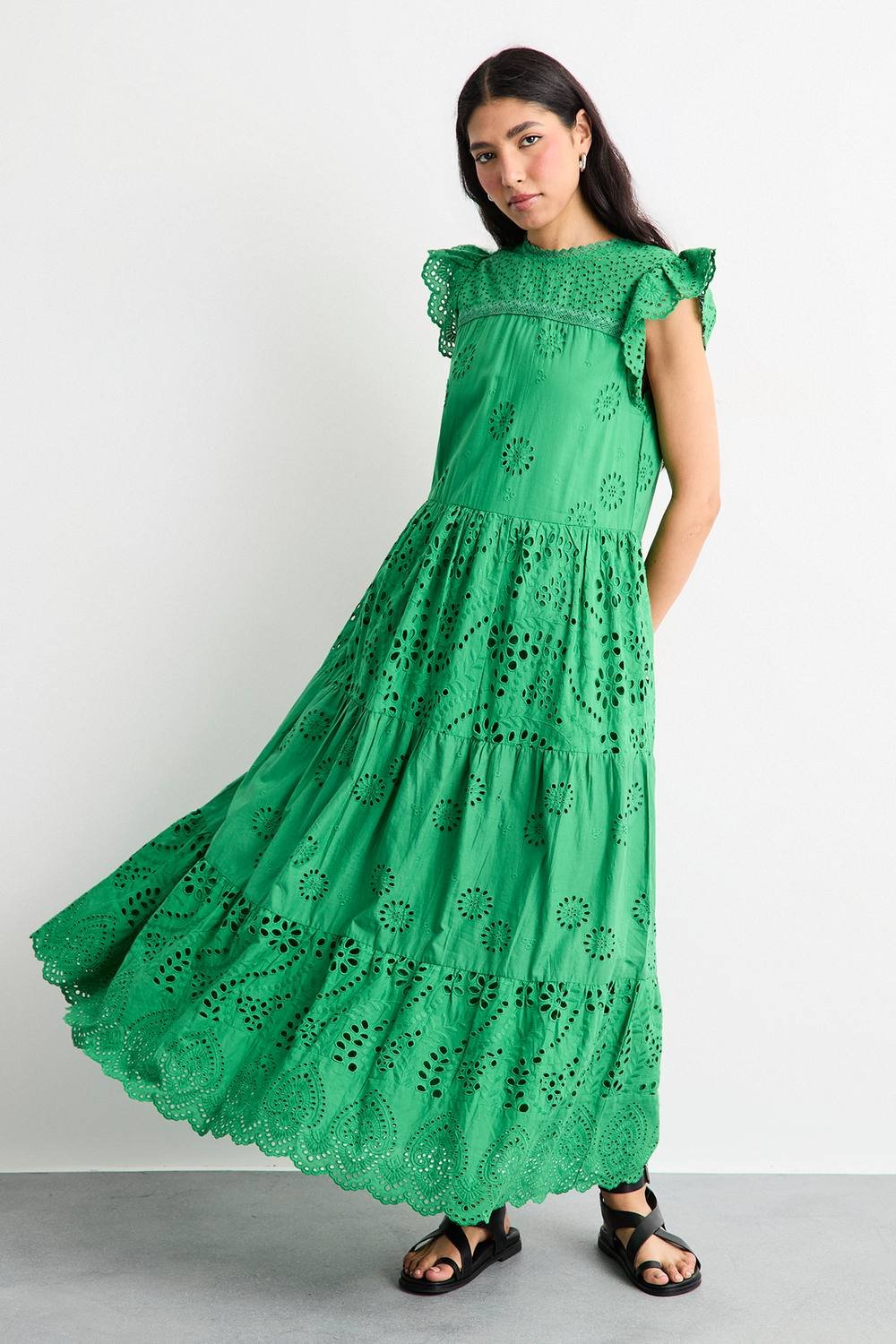 Warehouse Warehouse Women's Broderie Mix Tiered Midi Dress in Green - 2