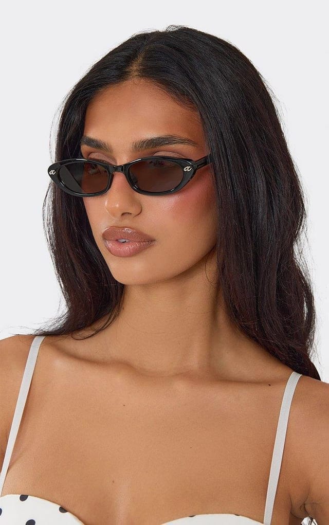 EGO Cateye Shaped Tinted Lense Thin Framed Sunglasses In Black, Women's Size UK 0 - 2