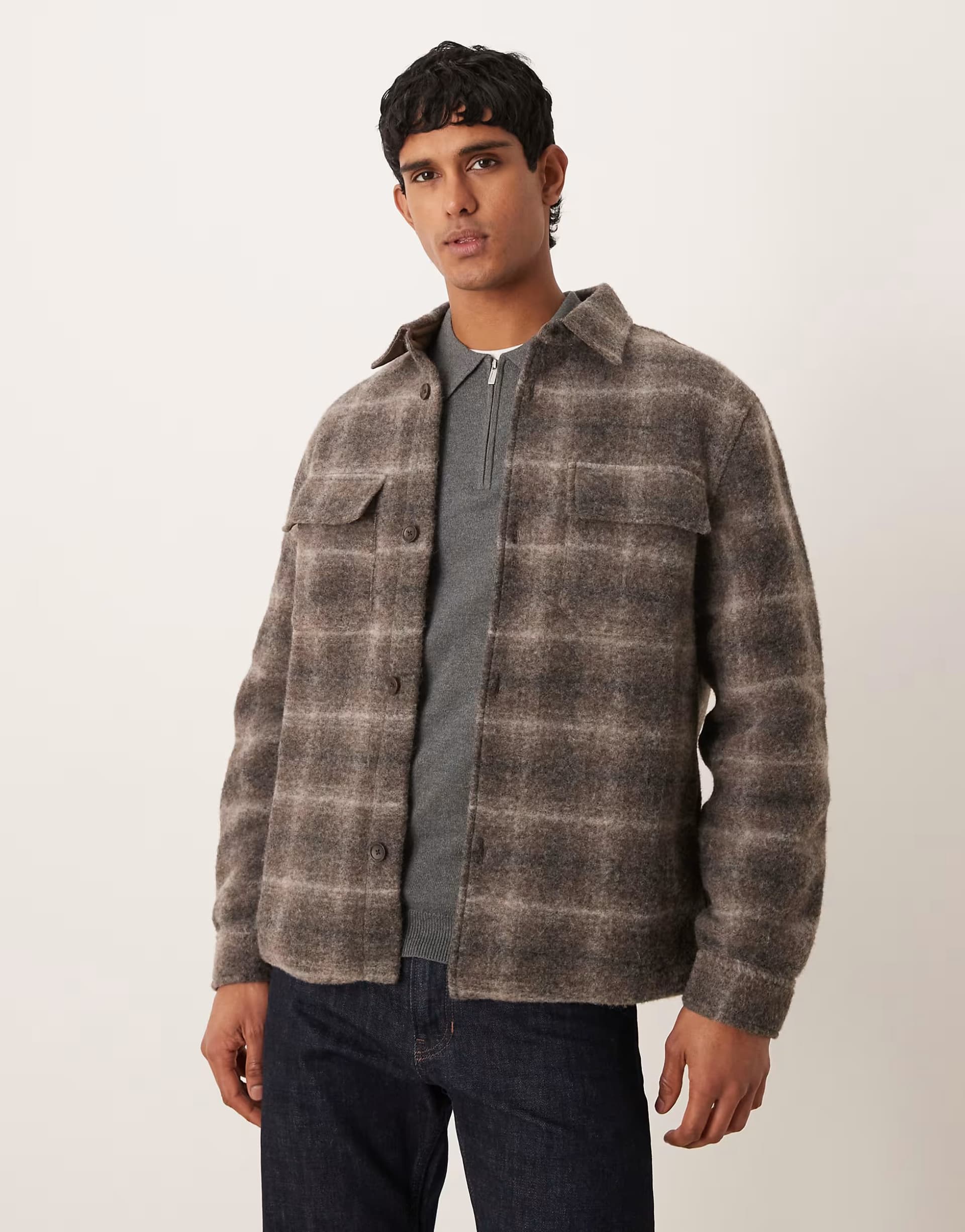 ASOS Mango wool blend checked shacket in brown