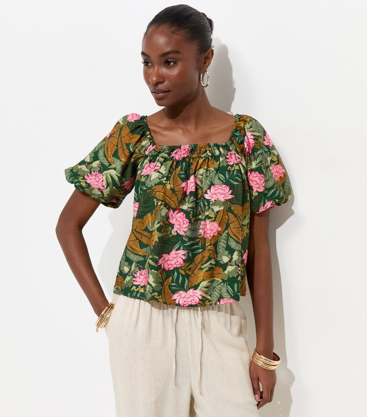 New Look Women's Green Lotus Print Square Neck Blouse New Look