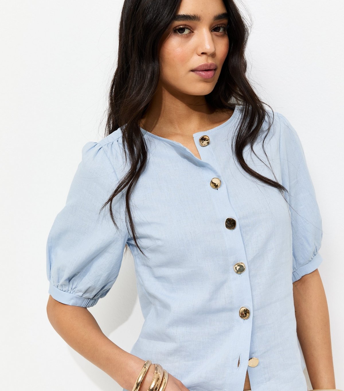 New Look Women's Blue Linen Blend Gold Tone Textured Button Blouse New Look - 2