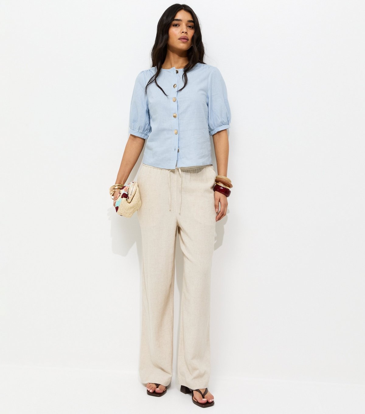 New Look Women's Blue Linen Blend Gold Tone Textured Button Blouse New Look - 3