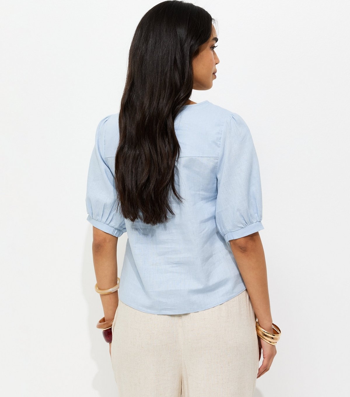 New Look Women's Blue Linen Blend Gold Tone Textured Button Blouse New Look - 4