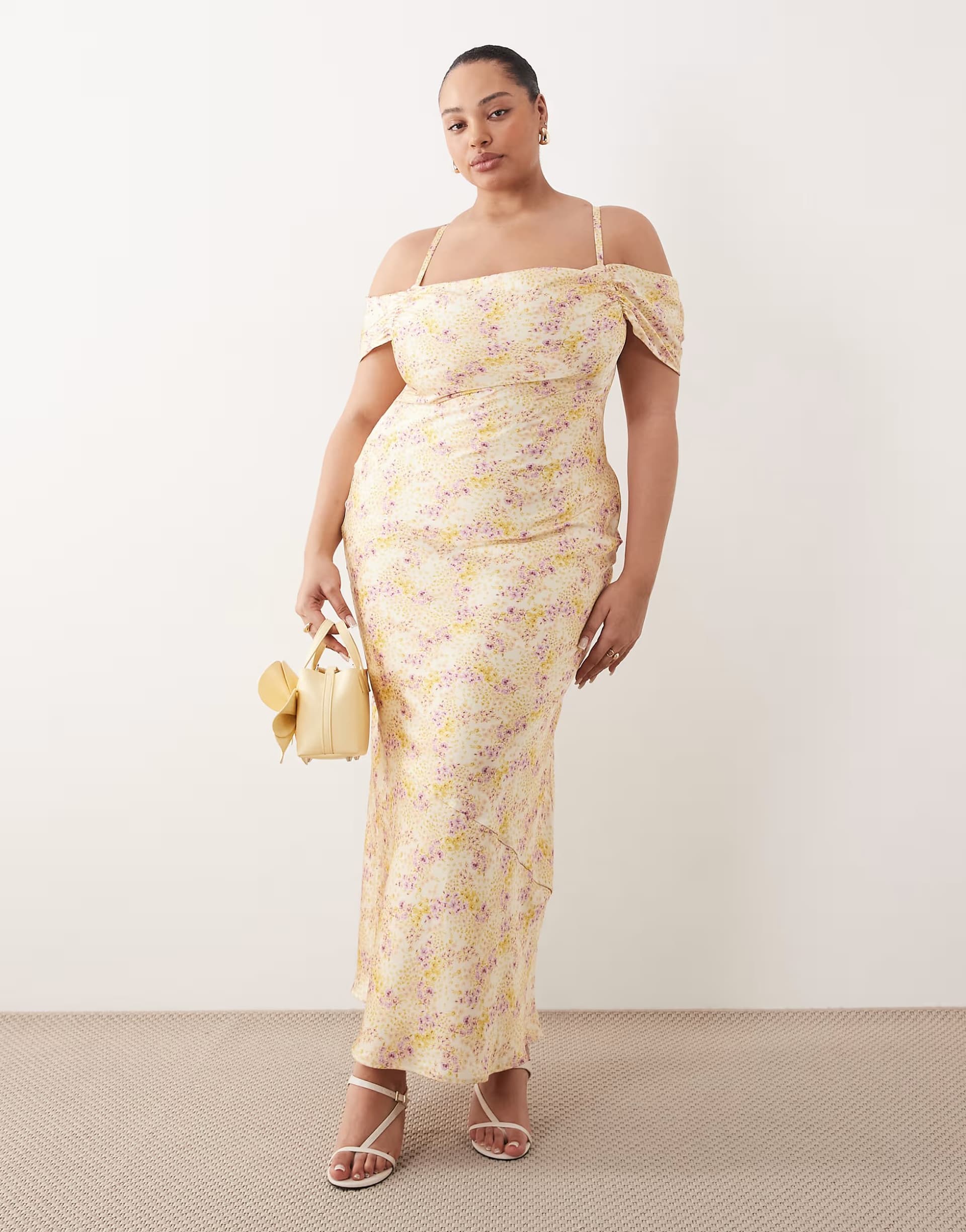 ASOS Pretty Lavish Curve Pretty Lavish satin cowl neck cold shoulder slip maxi dress in yellow ditsy floral print
