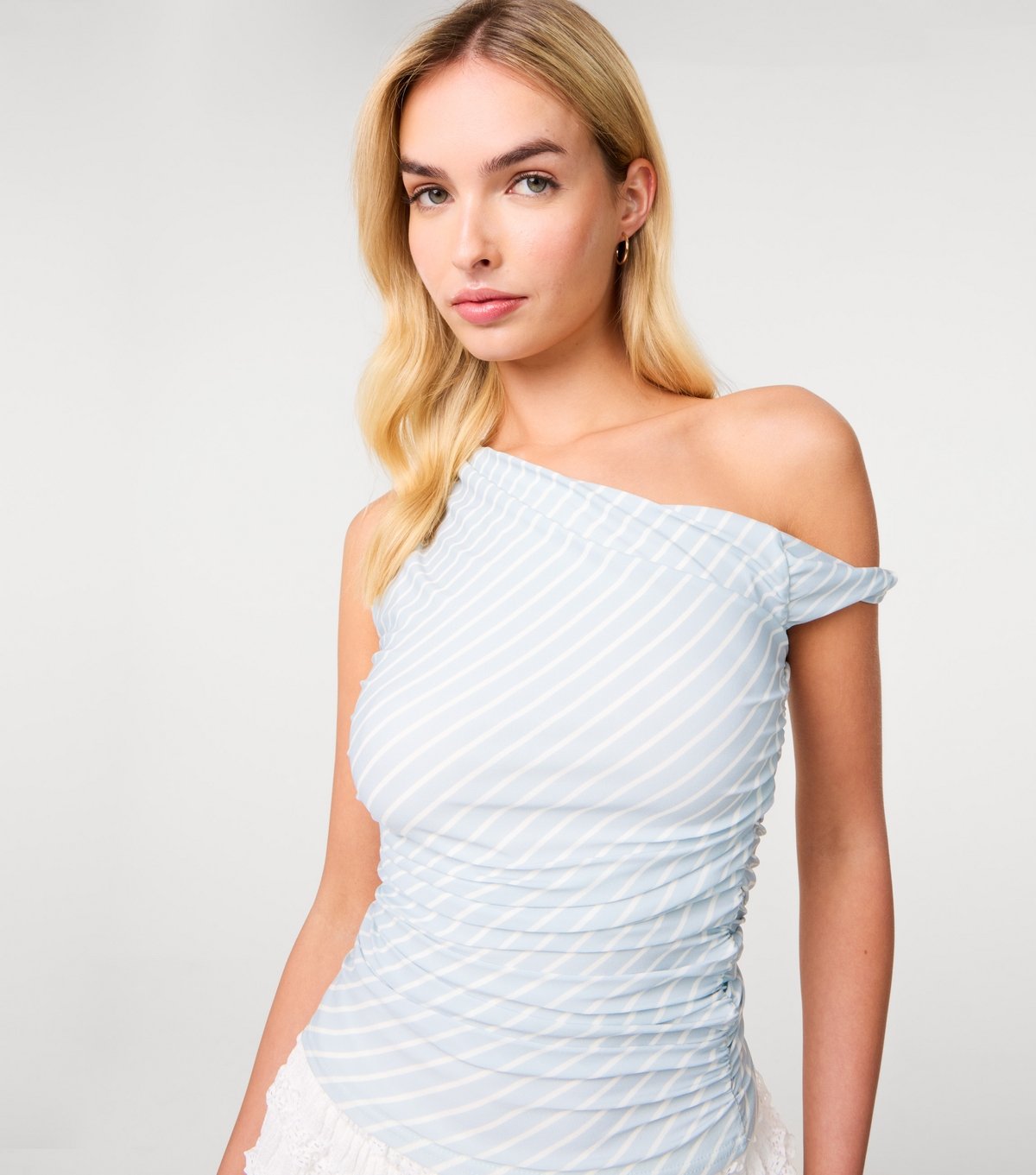 Pink Vanilla Women's Light Blue Striped Off The Shoulder Top Pink Vanilla New Look - 3