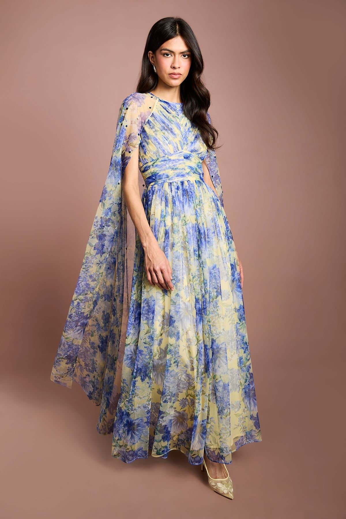 Coast Coast Women's Pleated Mesh Printed Cape Maxi Dress With Gemstone in Lemon