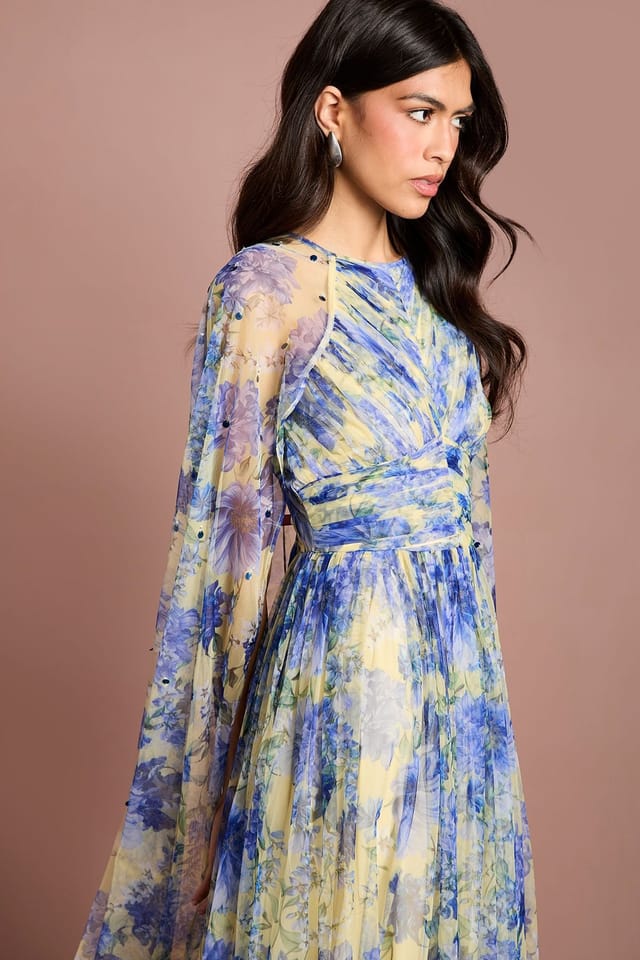 Coast Coast Women's Pleated Mesh Printed Cape Maxi Dress With Gemstone in Lemon - 2