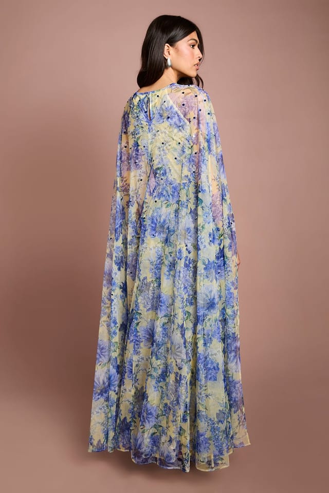 Coast Coast Women's Pleated Mesh Printed Cape Maxi Dress With Gemstone in Lemon - 3