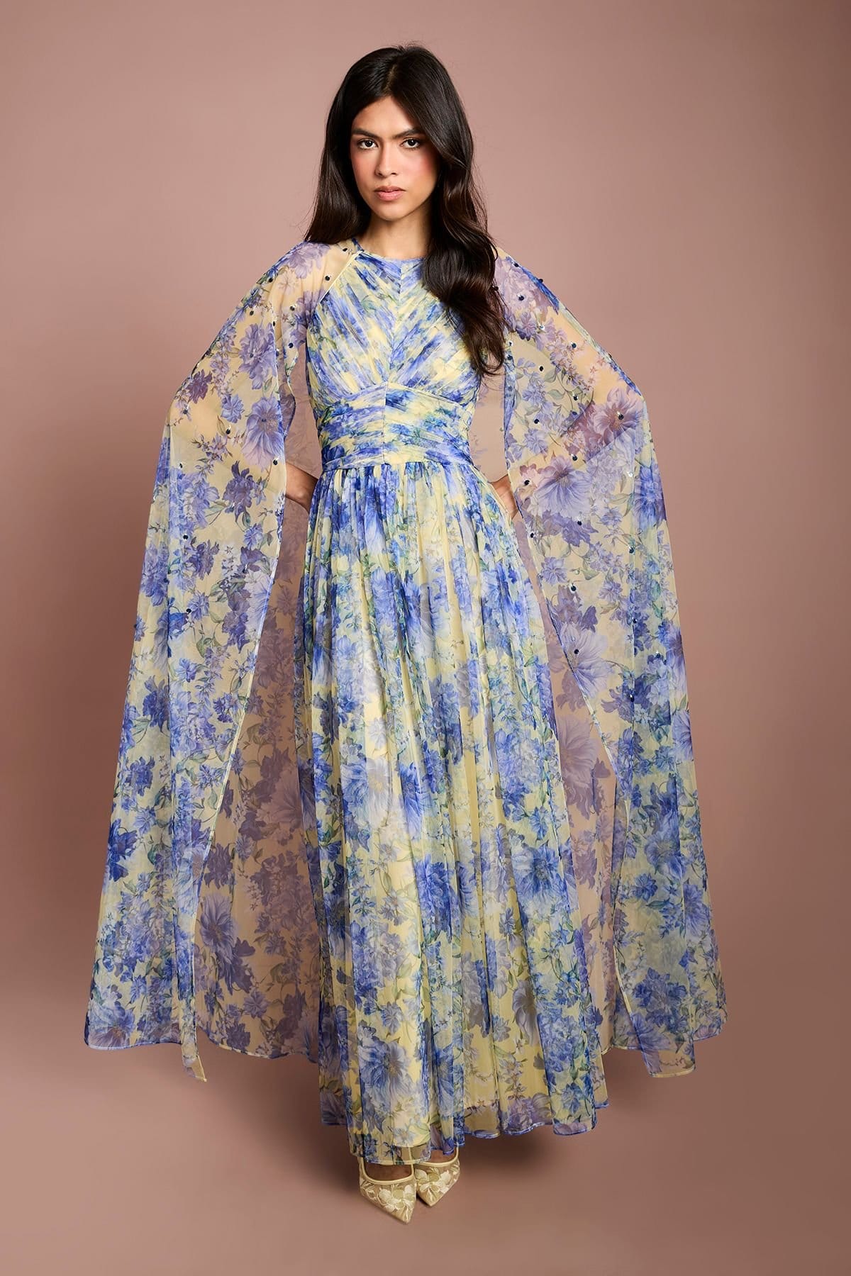 Coast Coast Women's Pleated Mesh Printed Cape Maxi Dress With Gemstone in Lemon - 4