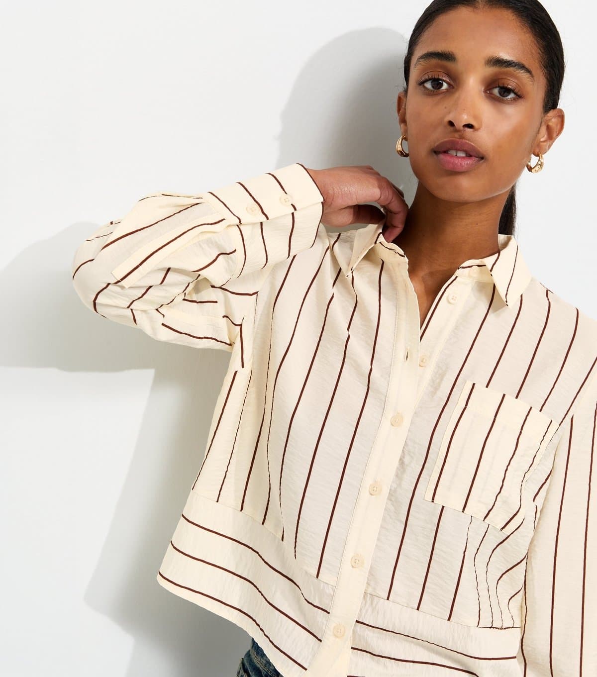 New Look Women's Cream Crinkle Texture Striped Meet The Jean Shirt New Look