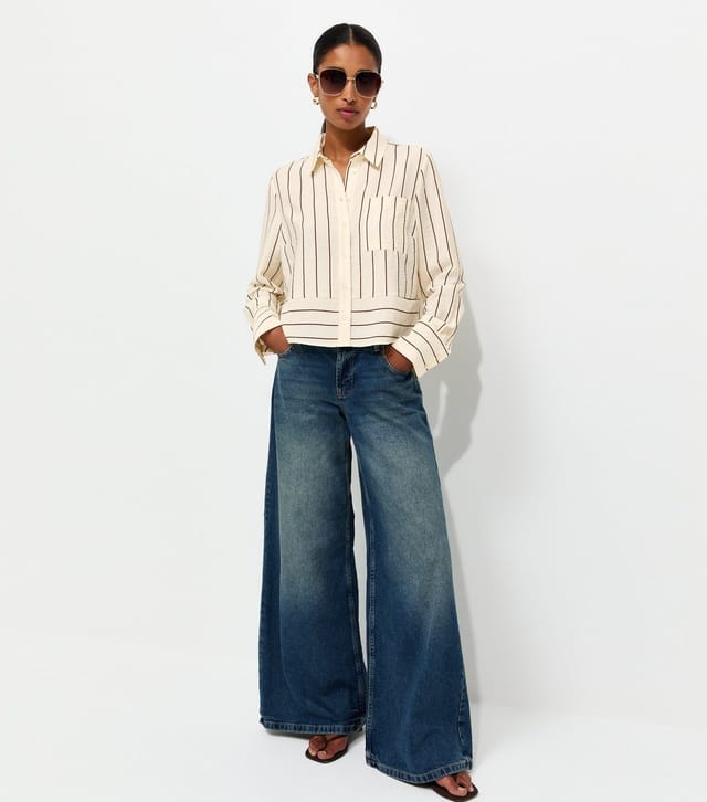 New Look Women's Cream Crinkle Texture Striped Meet The Jean Shirt New Look - 3