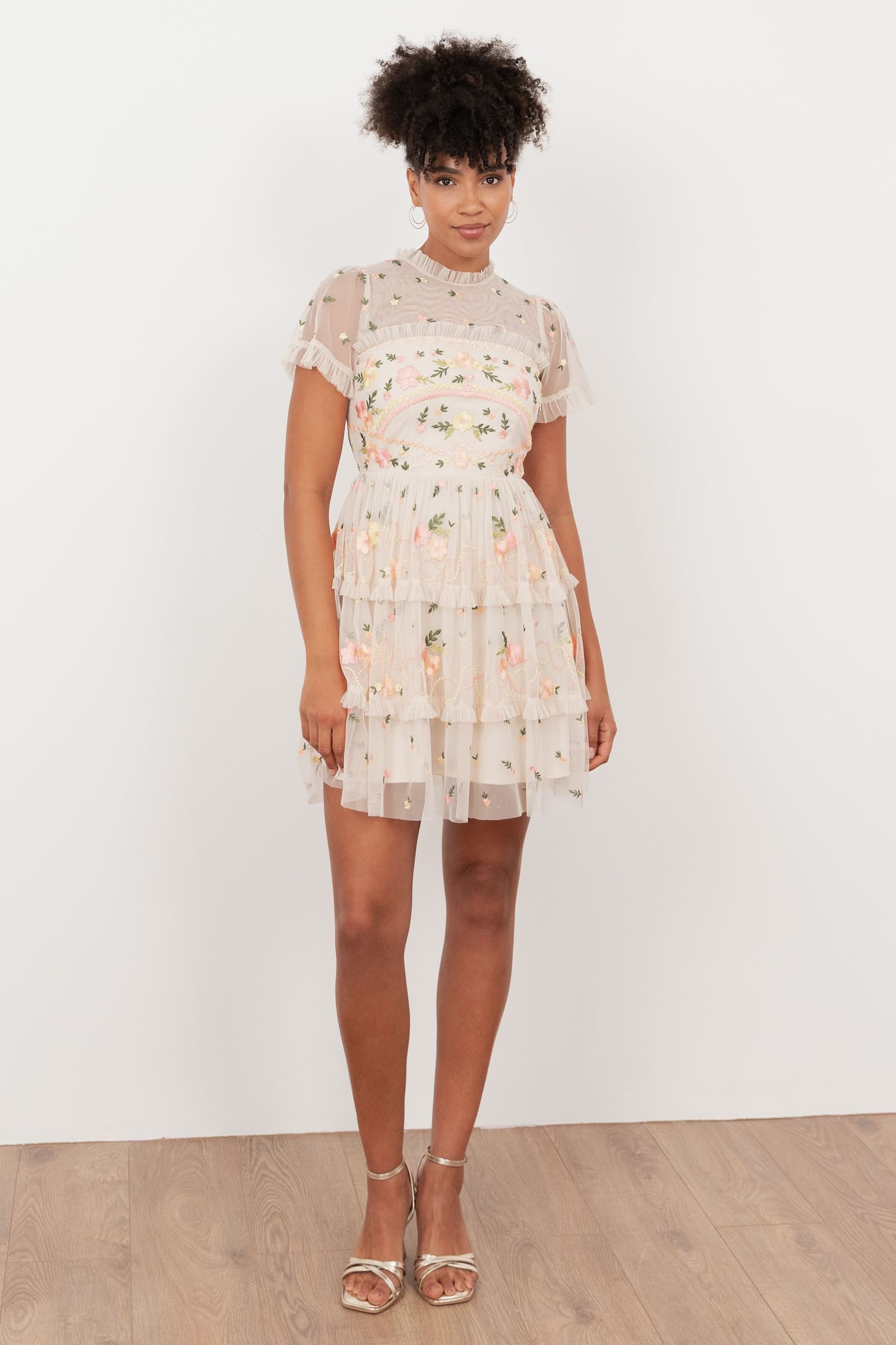 Maya Deluxe Maya Deluxe Women's Embroidered Short Sleeve High Neck Mini Dress