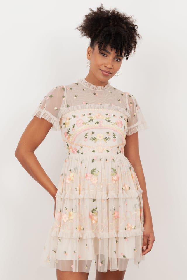 Maya Deluxe Maya Deluxe Women's Embroidered Short Sleeve High Neck Mini Dress - 3