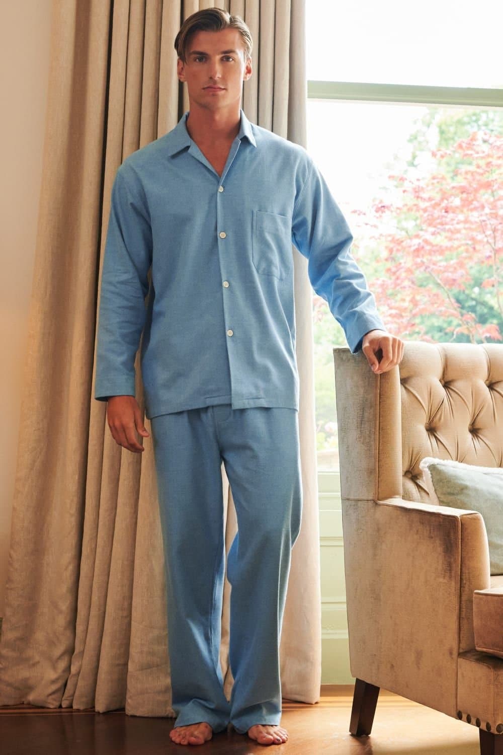 British Boxers British Boxers Men's "Sky Blue Herringbone" Brushed Cotton Pyjama Set