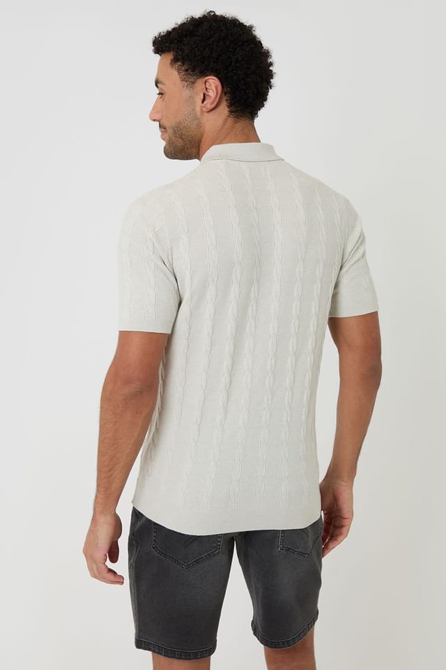 Threadbare threadbare Men's Cable Stripe Knitted Button Polo in Natural - 2