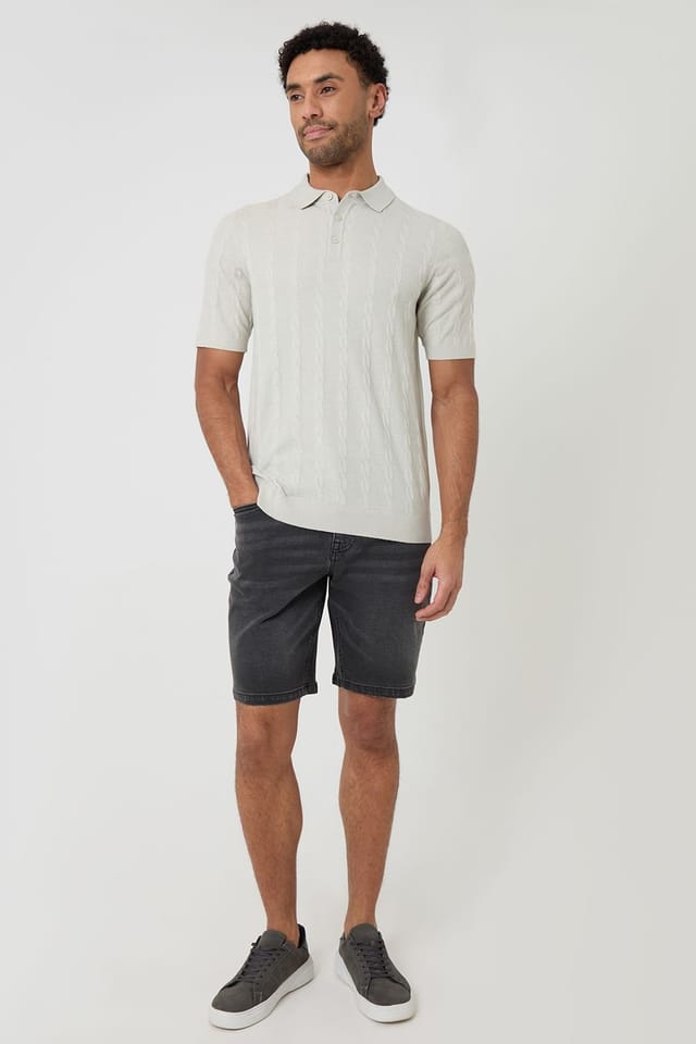 Threadbare threadbare Men's Cable Stripe Knitted Button Polo in Natural - 3