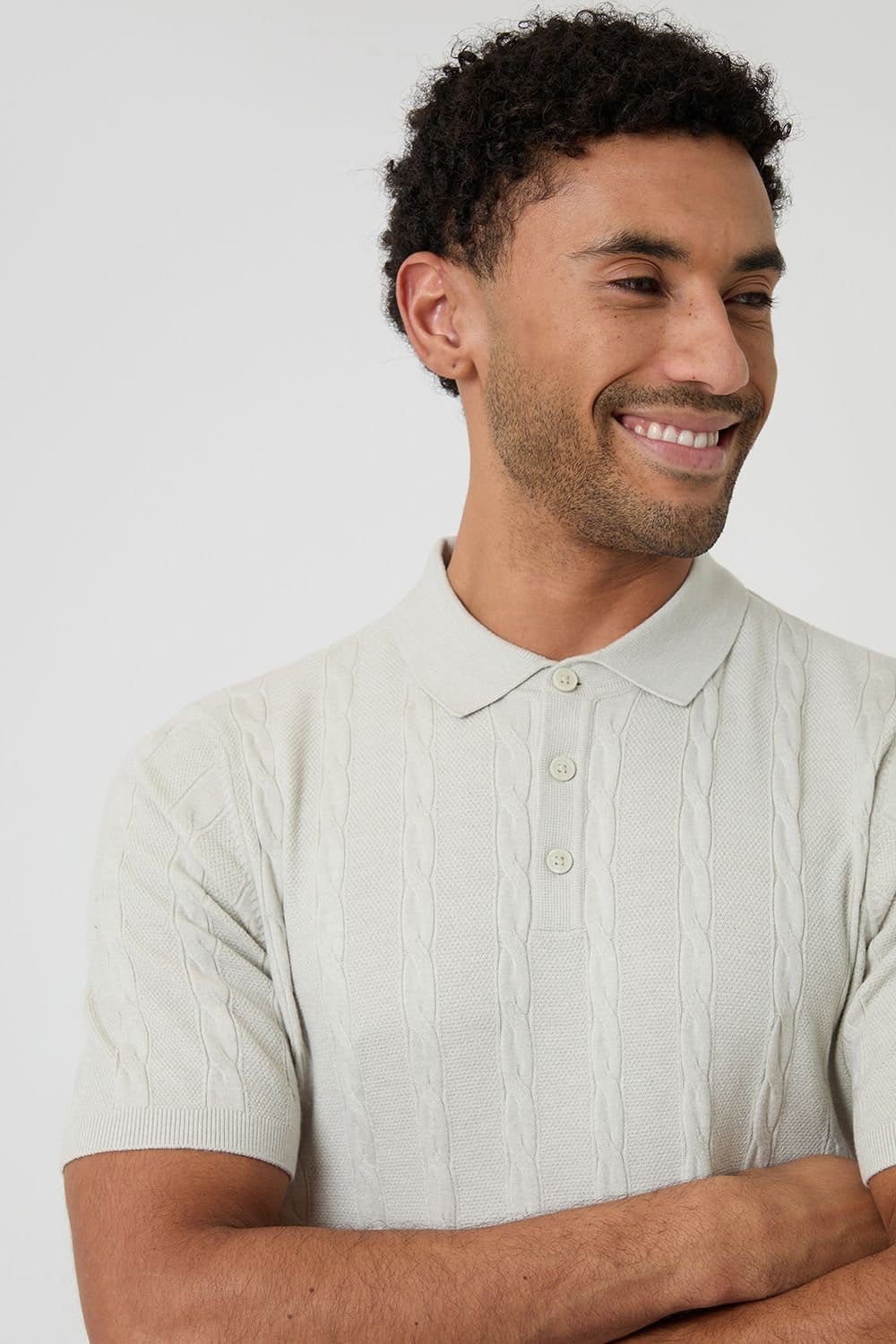Threadbare threadbare Men's Cable Stripe Knitted Button Polo in Natural - 4