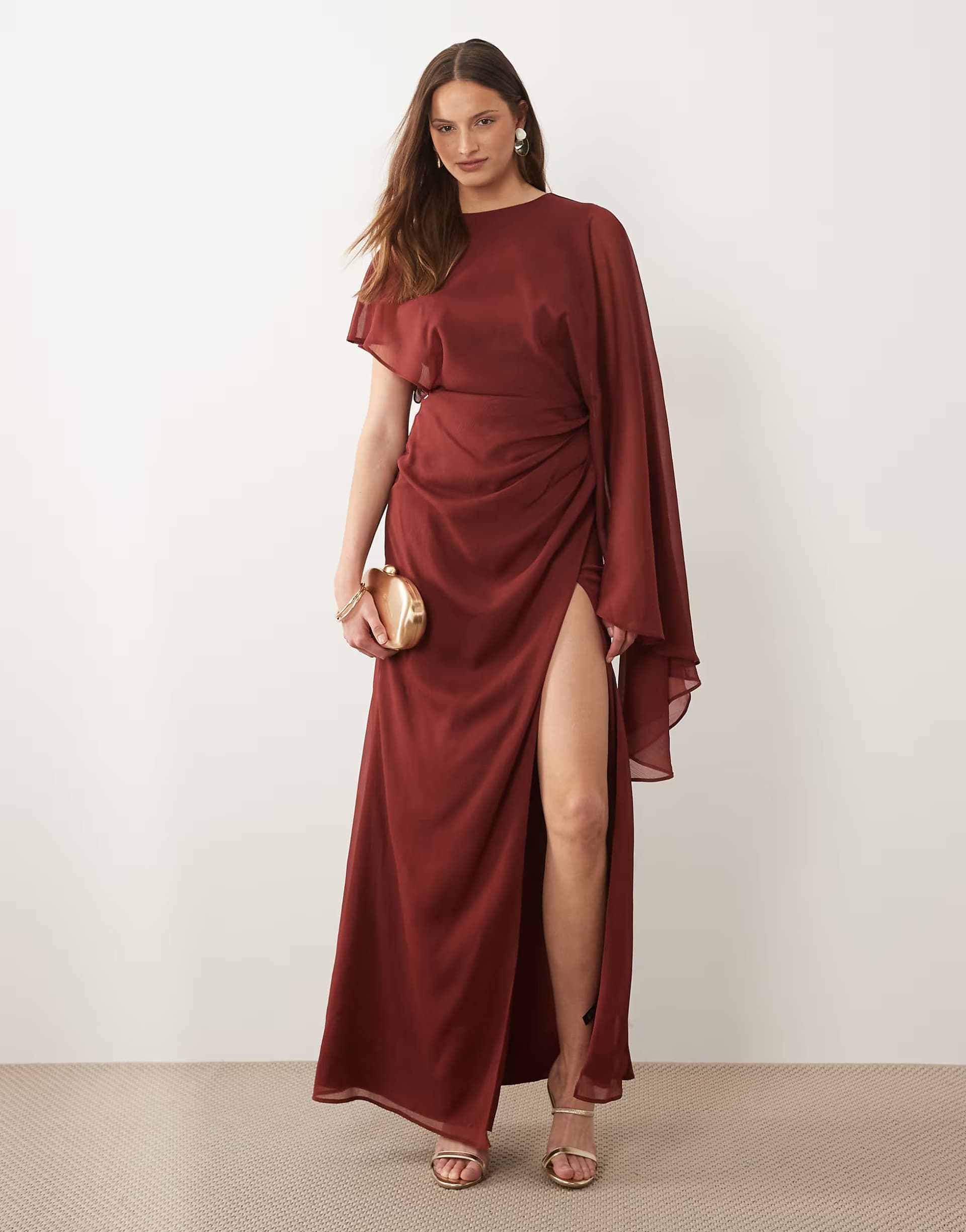ASOS ASOS DESIGN Tall cape sleeve bias cut drape maxi dress with low back in burgundy