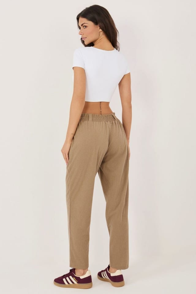 Love Lace Love Lace Women's Corduroy High Waist Paperbag Tapered Pants Style 226968 in Beige - 3