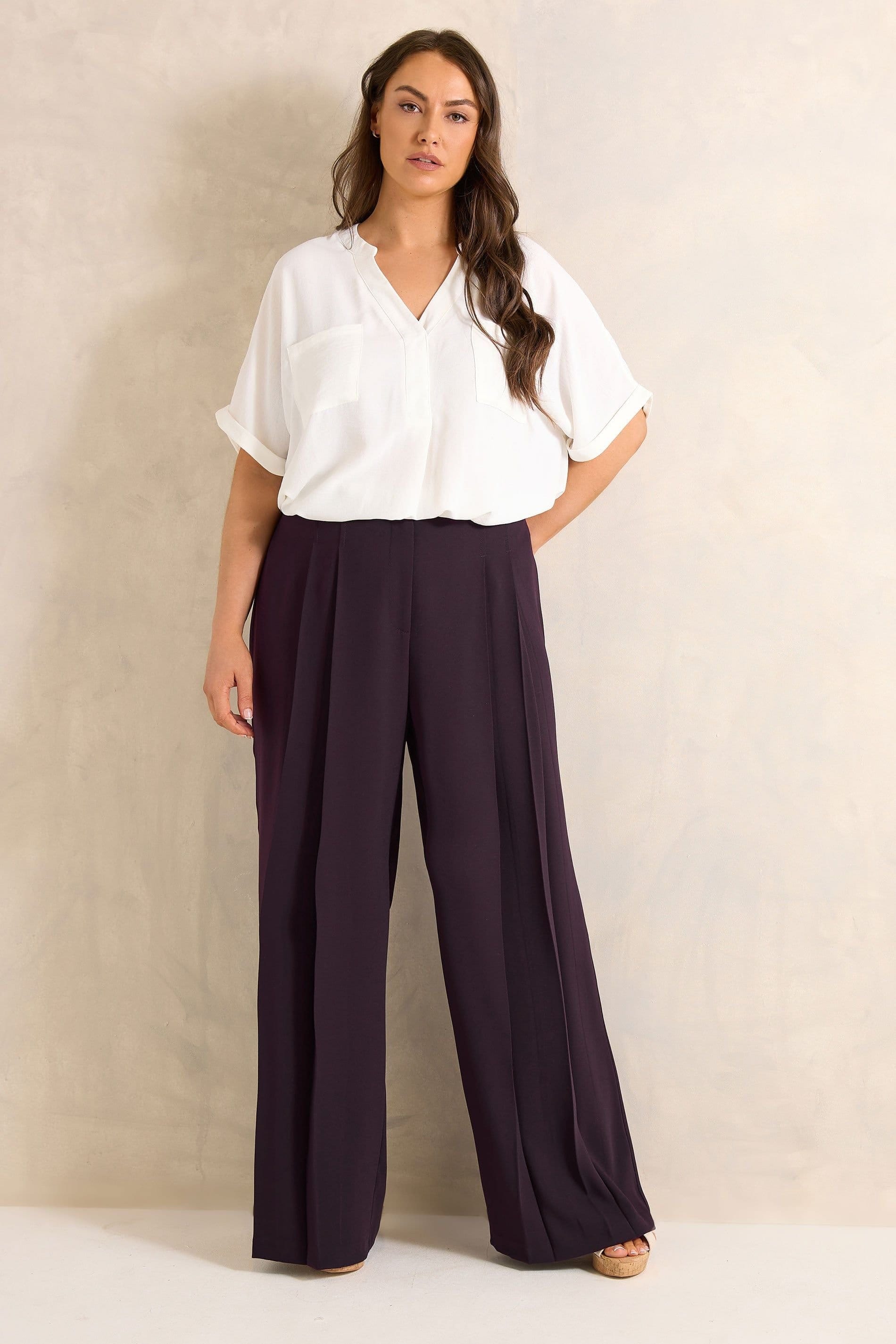 Evans Evans Women's Textured Pleated Trousers in Plum - 4
