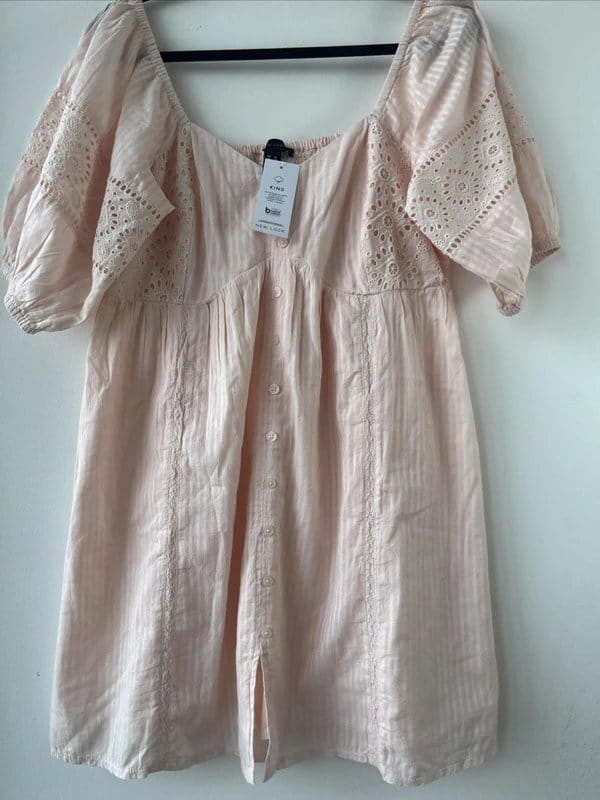 New look - embroidered puff sleeve dress - size 14 - pink