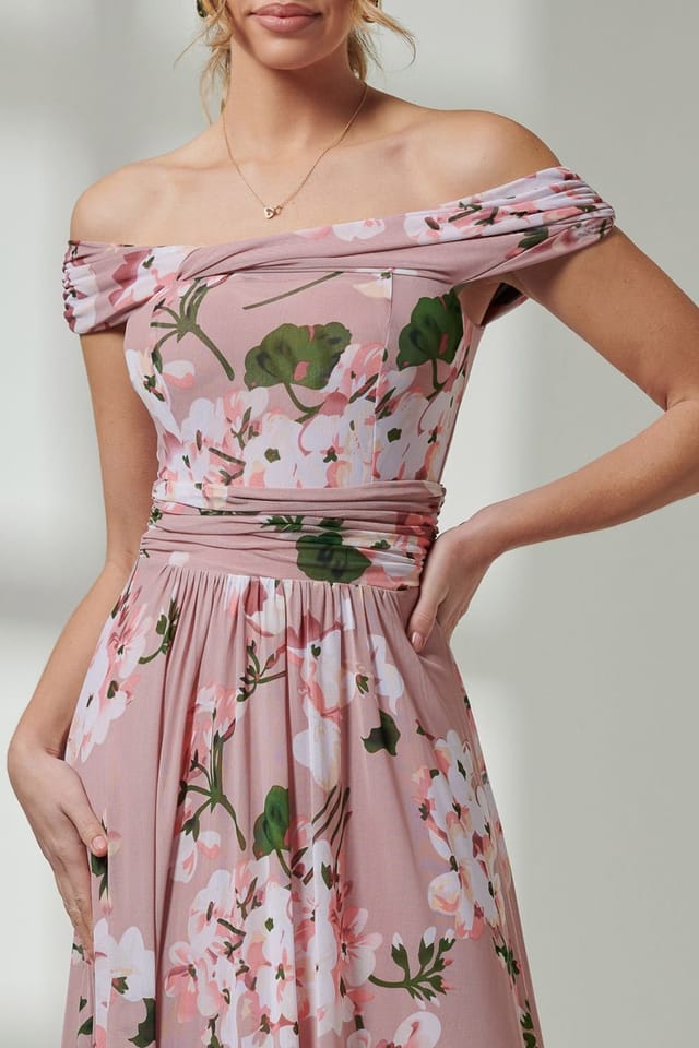 Jolie Moi Jolie Moi Women's Paula Bardot Neck Mesh Dress in Dusty Pink - 3