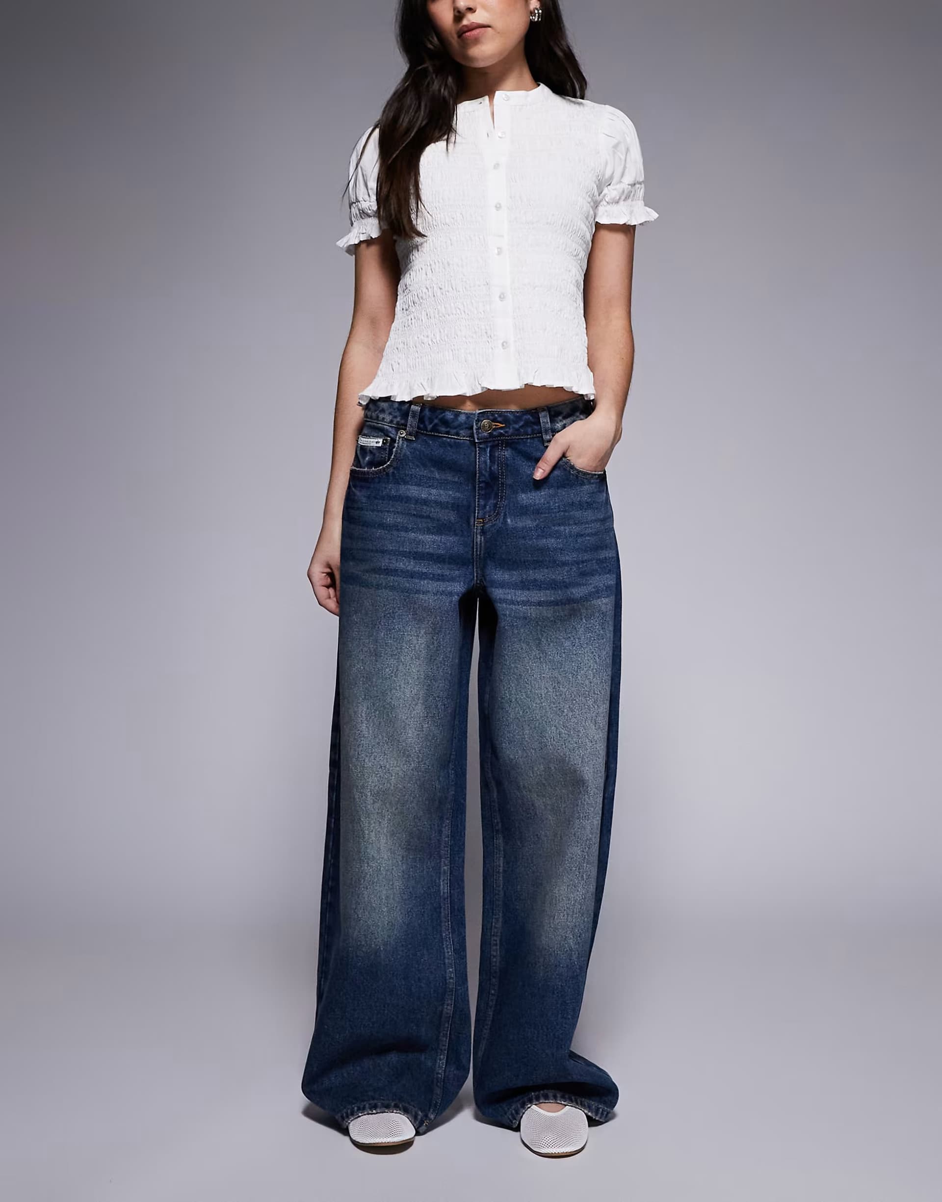 ASOS Juicy Couture mid rise diamante logo wide leg jeans with embroidered detail in vintage wash blue