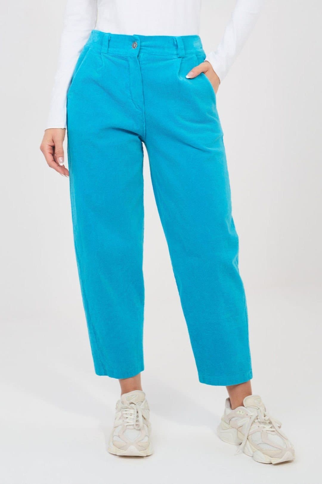Love Lace Love Lace Women's High Waist Carrot Fit Corduroy Trousers Style 225086 in Blue