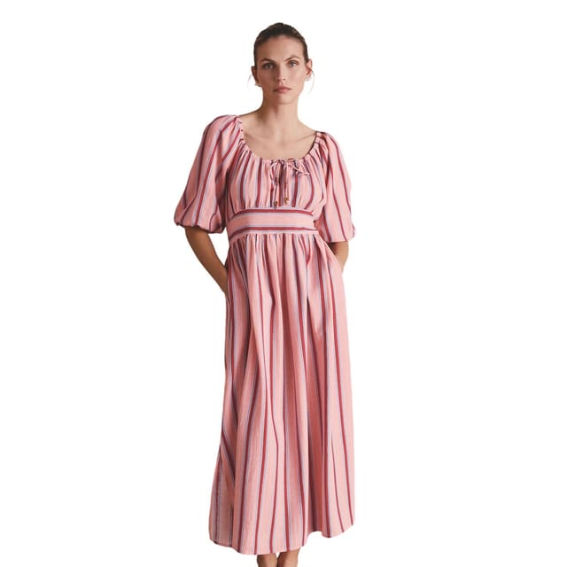 Cath Kidston Cath Kidston Women's Contrast Striped Tie Neck Long Midi Dress in Pink - 2